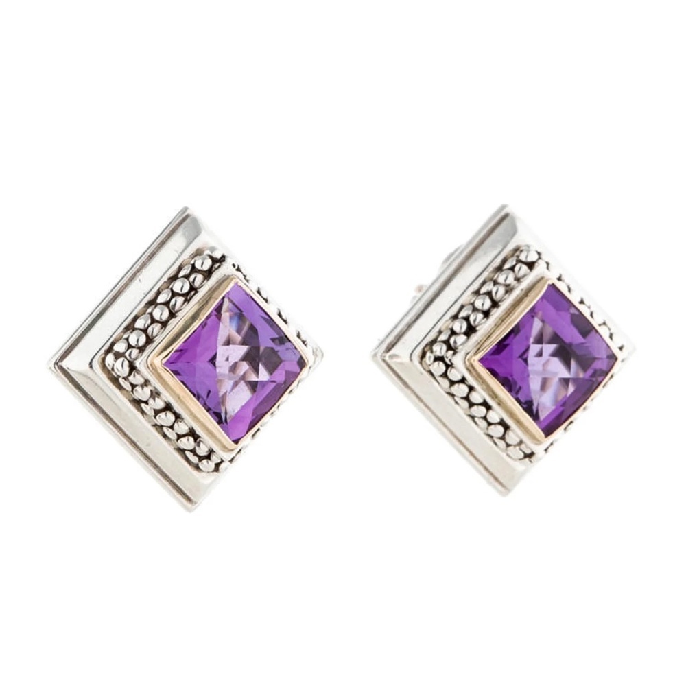 Michael Dawkins Amethyst & Sterling Stud Earrings Large .75" Faceted Square